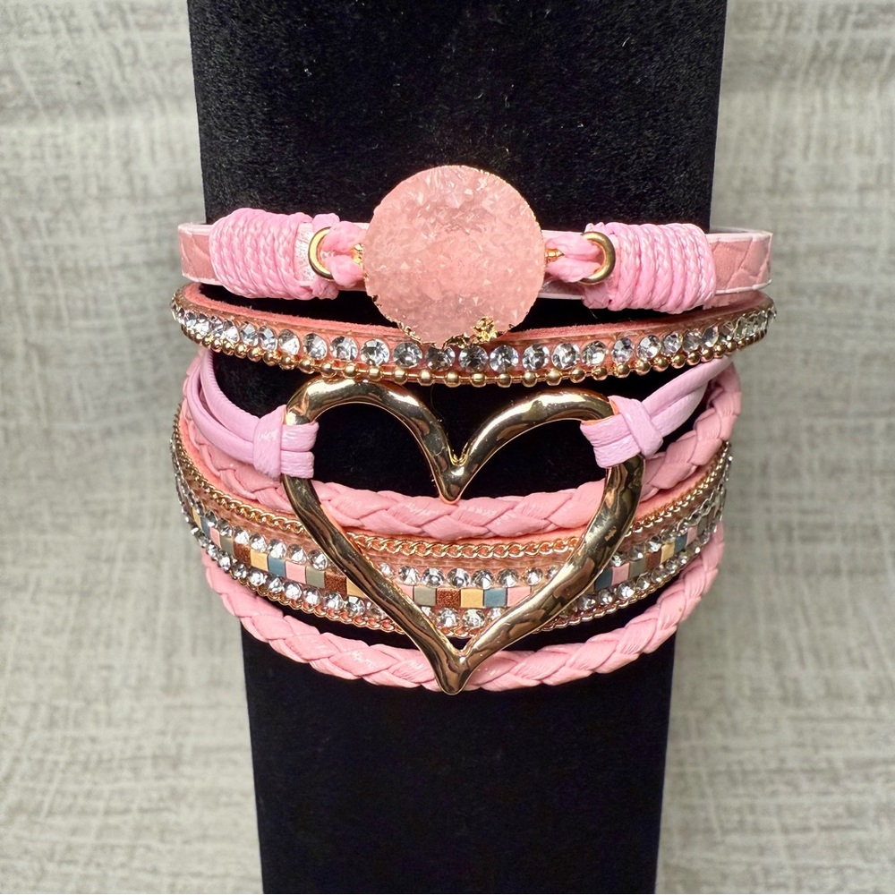 New Pink Faux Leather Wrap Bracelet w/Crystal Accents & Gold Heart